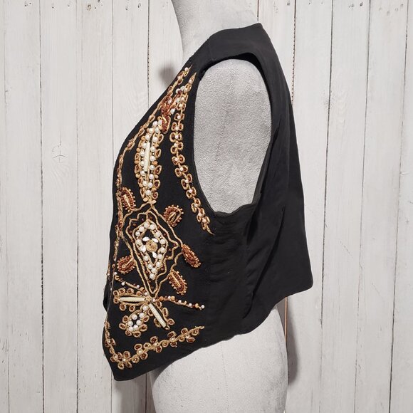 80s 90s VTG Women's Vest L Joujou Black Beaded Boho Earthy Gothic Folk Indie Mod - Picture 3 of 6